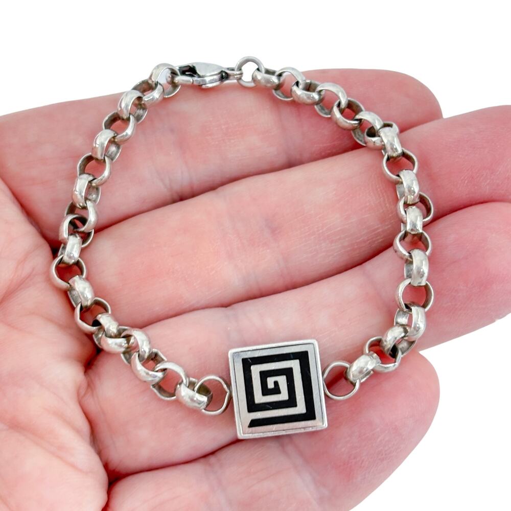 Vintage Sterling Silver 925 Onyx Square Spiral Bracelet 7"